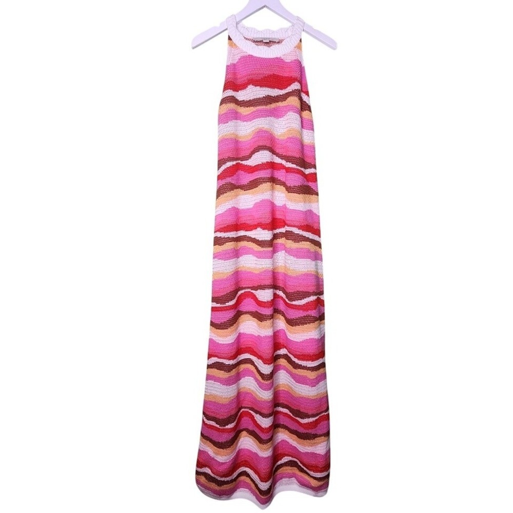 Loft Sleeveless Crochet Knit Sweater Dress Wavy Stripe Pink Boho Cottage Maxi